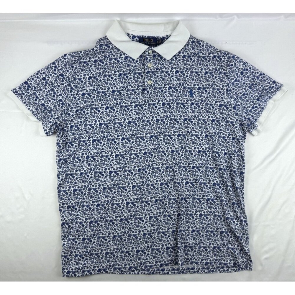 Polo Ralph Lauren Men’s XL Polo Shirt Blue White Flower Floral Custom Slim Fit
